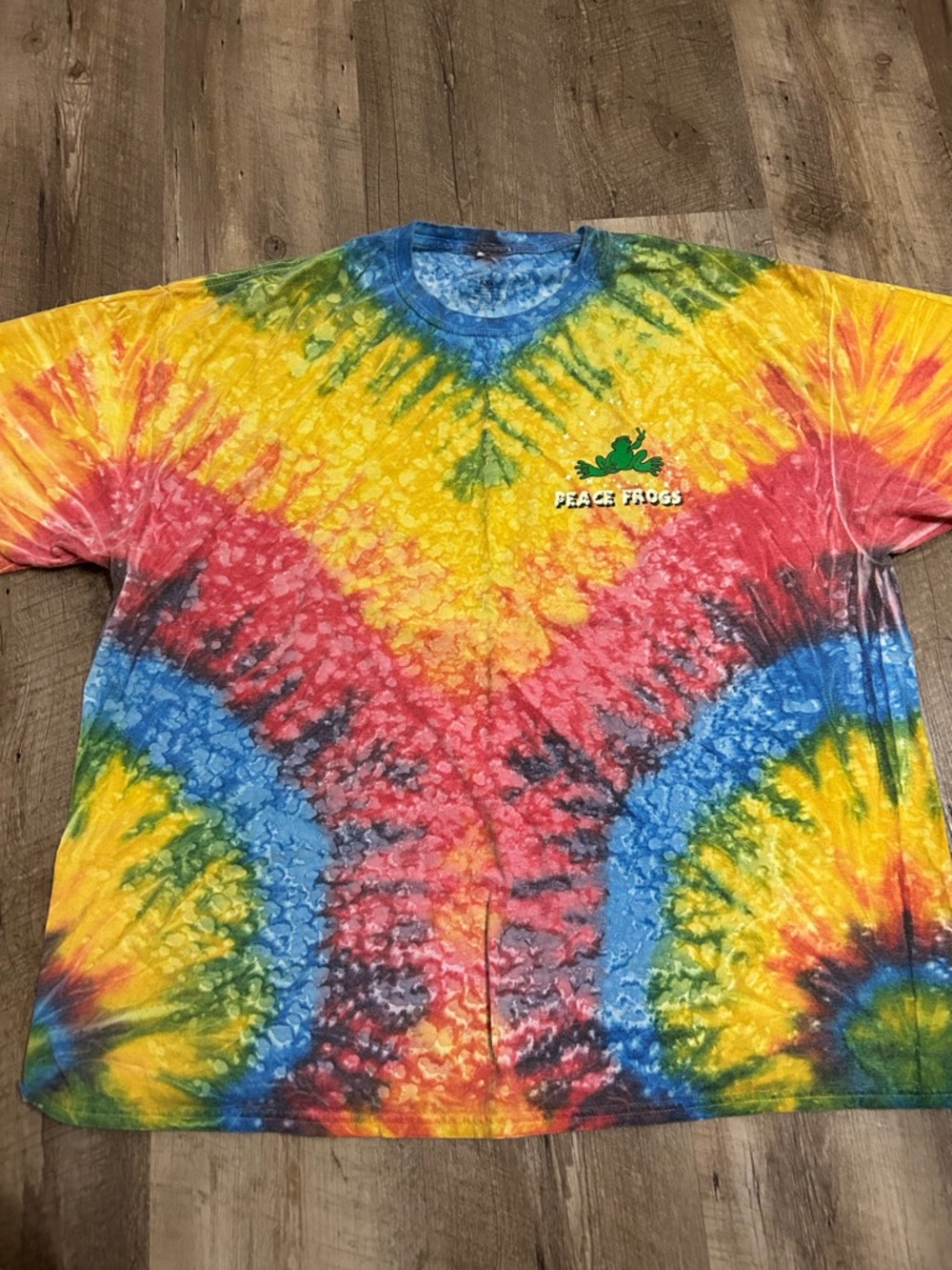 Peace Frogs Tie-Dye Tee Cosmic Frog with Multi Color Spiral Pattern